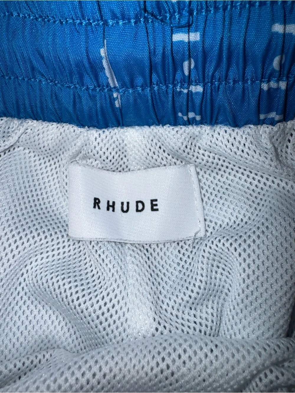 Rhude Blue Bandana-Print Swim Trunks with Yellow Drawstring